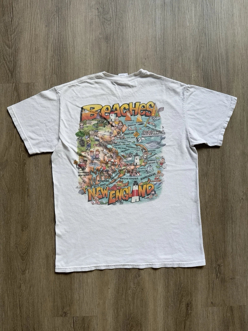 Vintage Y2K Beaches New Englandd Art Caricature White Shirt Medium Drawings