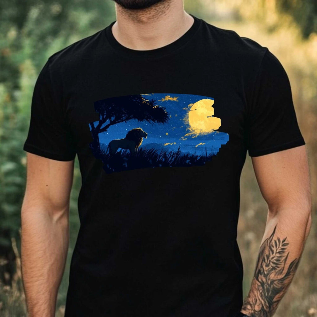 Mens Lion Night Motif Cotton T-Shirt Size XS to 5XL