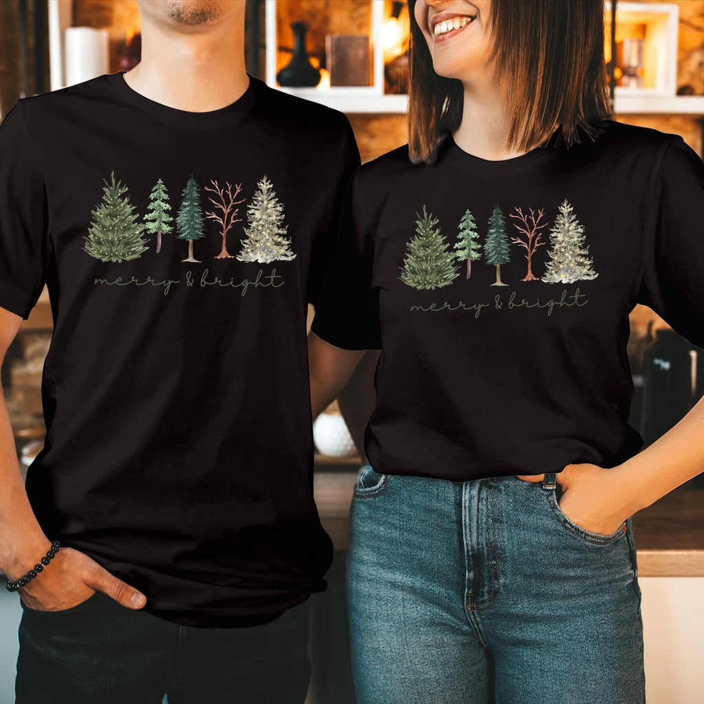 Merry & Bright Christmas Tree T-Shirt Watercolor Boho Xmas Holiday Shirt T-5162