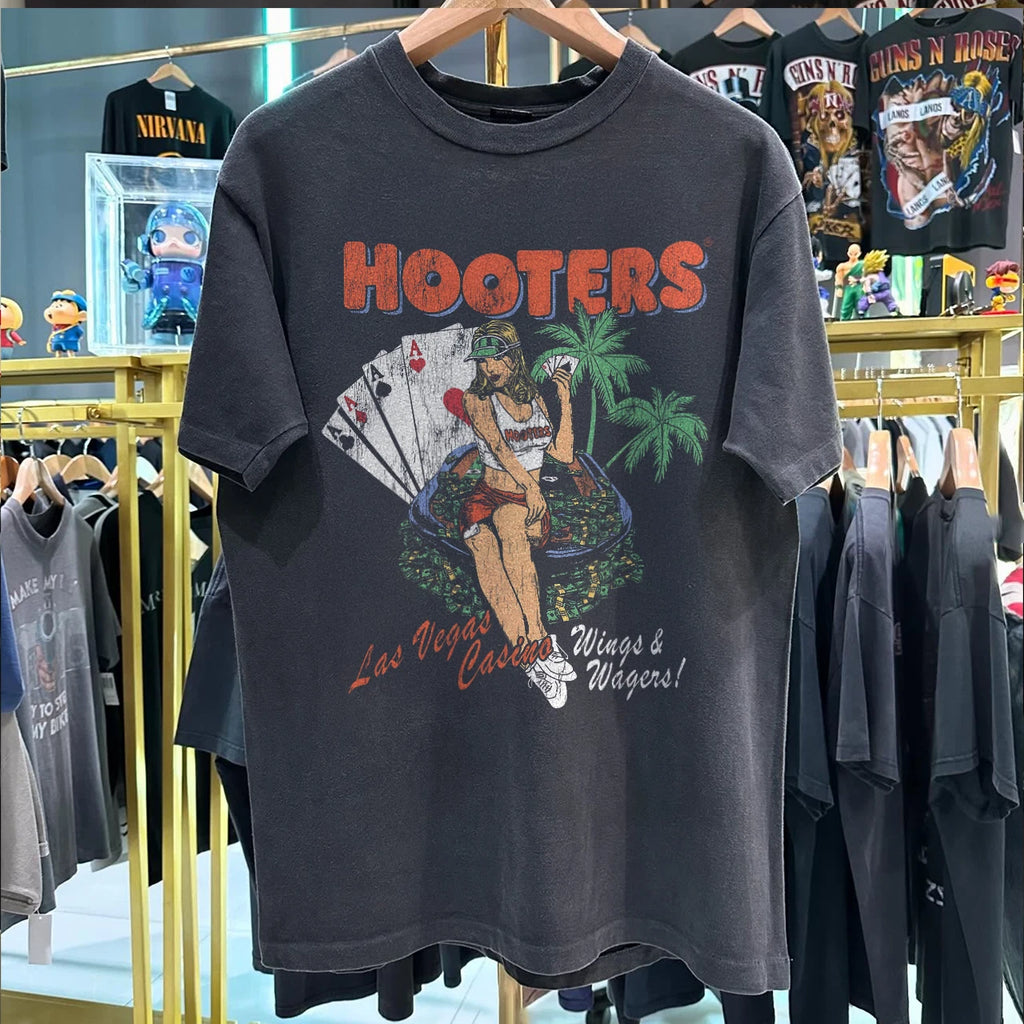 Y2K Hooters Wings And Wagers Las Vegas Aged T-Shirt Black S