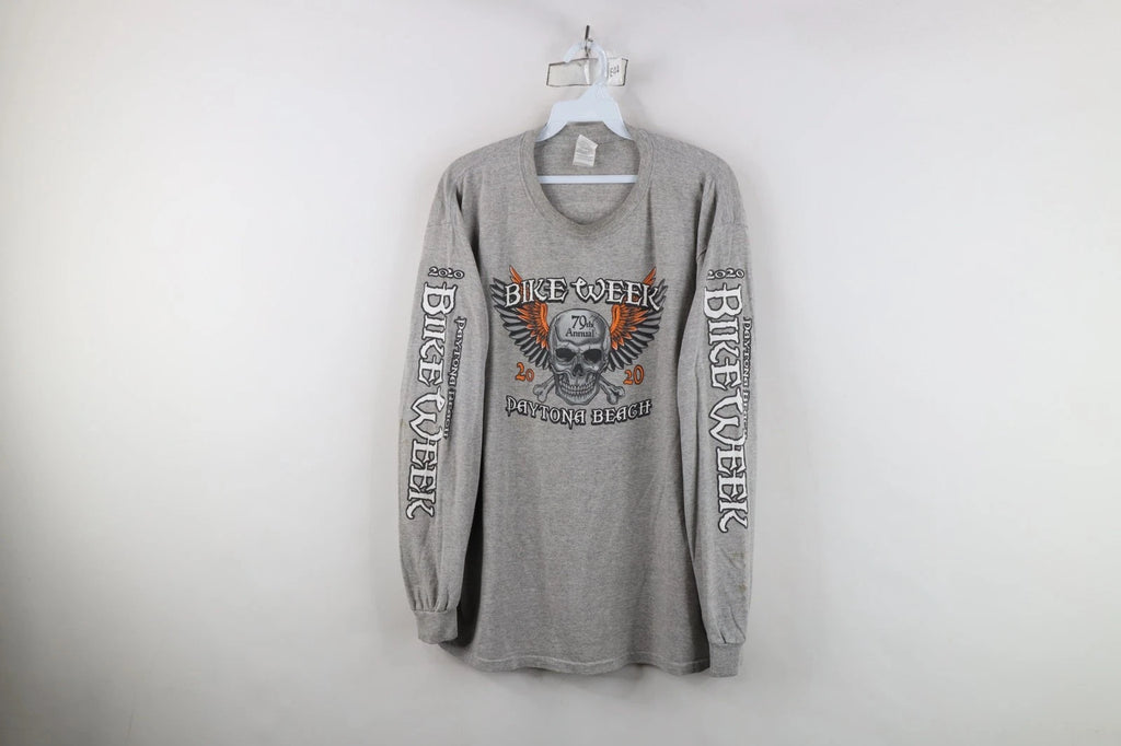 Y2K Mens L Distressed Daytona Beach Bike Week Skull Crossbones Long Sleeve Shirt