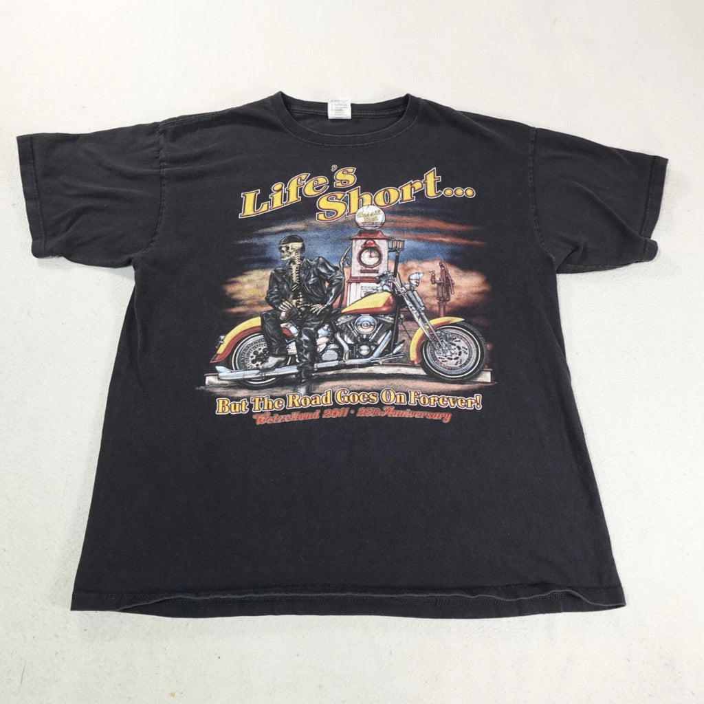 Y2K Biker Shirt Mens Extra Large Black Skeleton Skull Lifes Short Road Is Long T