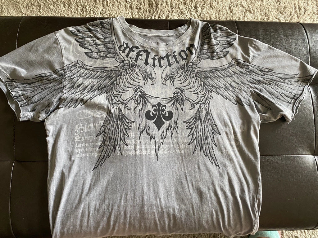 Affliction Bird Of Prey Mens Distressed Washed T-Shirt Wings Skeleton Size XL
