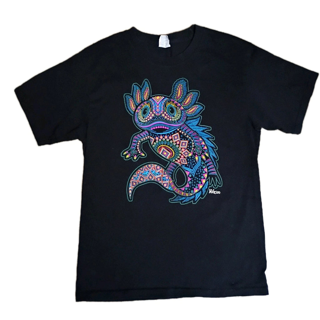 Axolotl Colorful Print Y2K Mexico 100% Cotton Black T-Shirt Size Men M