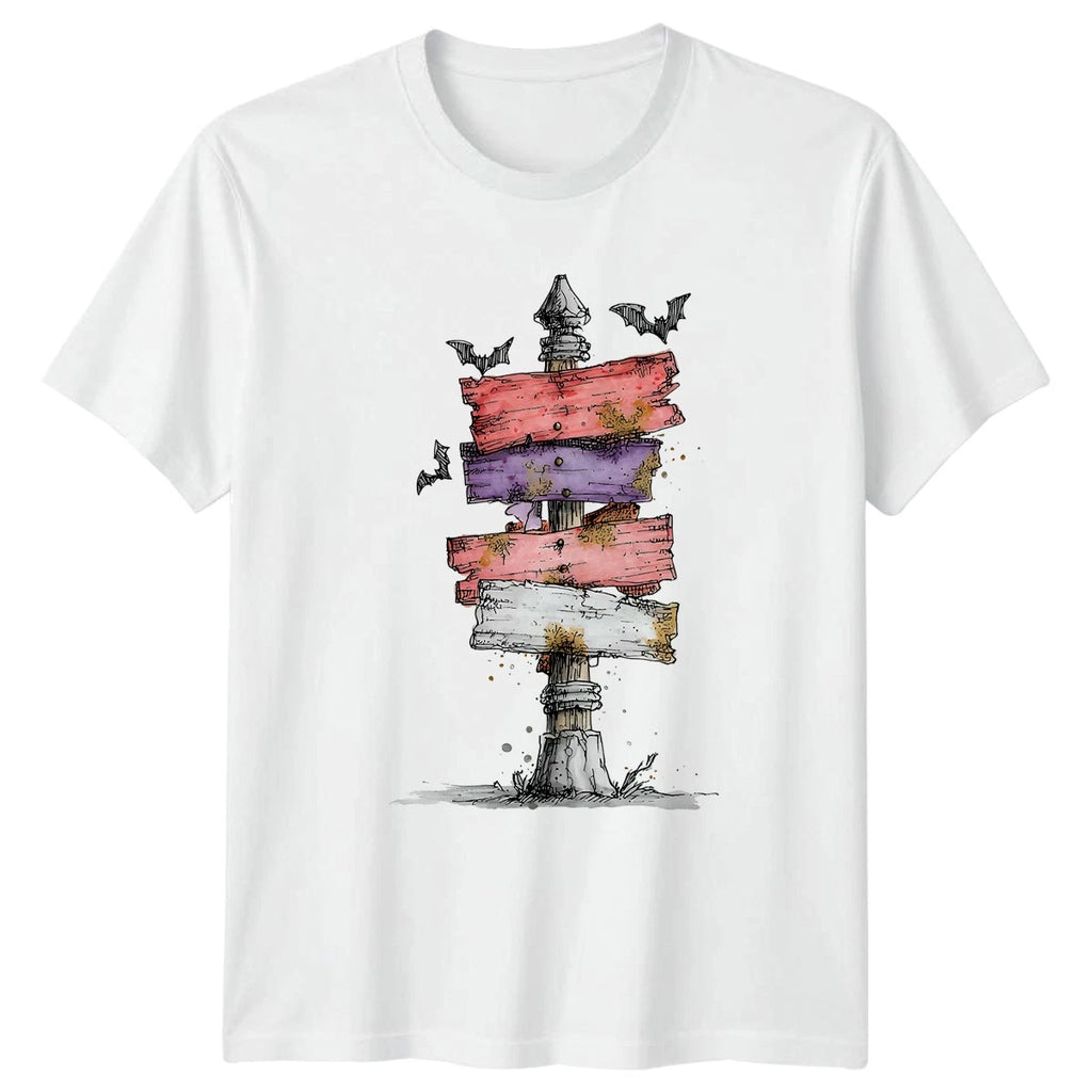 Spooky Signpost Bats Halloween Holidays Men Women Graphic Tee Unisex Distressed