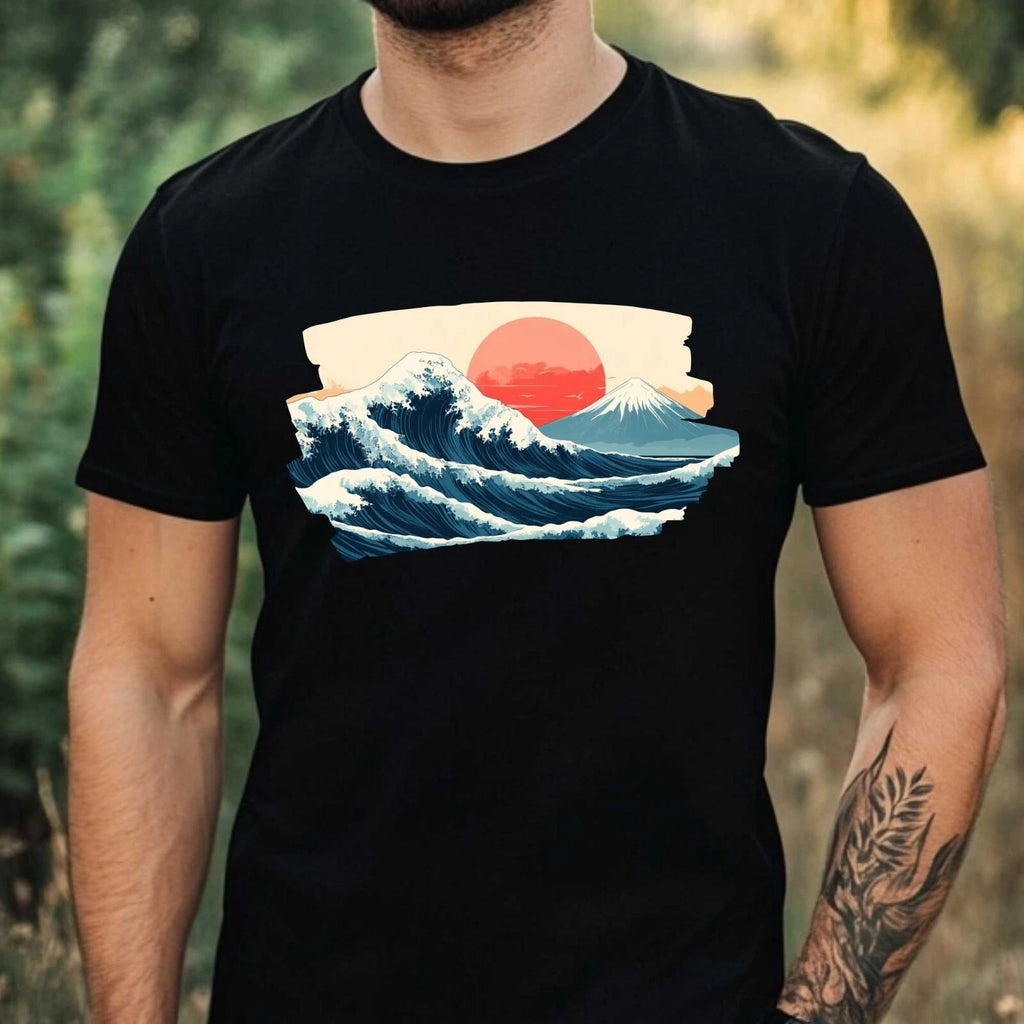 Mens Sea Waves Motif Cotton T-Shirt Size XS to 5XL