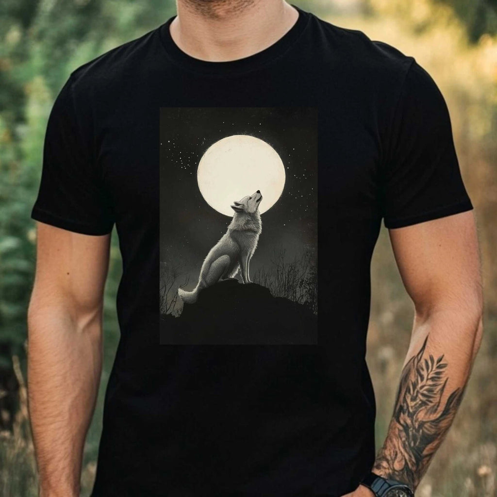 Mens Wolf in the Moonlight Motif Cotton T-Shirt Size XS to 5XL