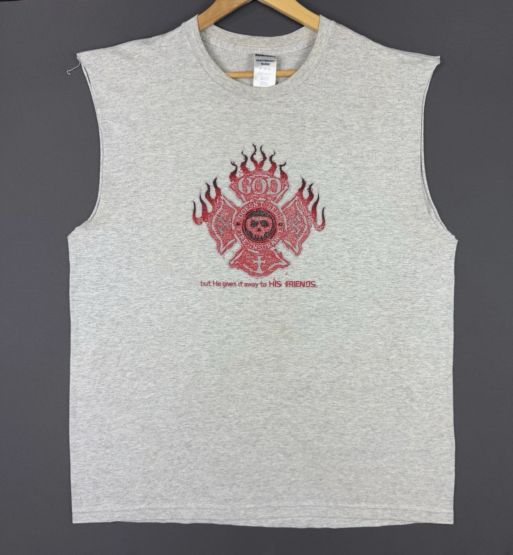 Vintage Y2K God Doesnt Sell Fire Insurance Jesus God Lord Cut Off Grey Shirt Tee