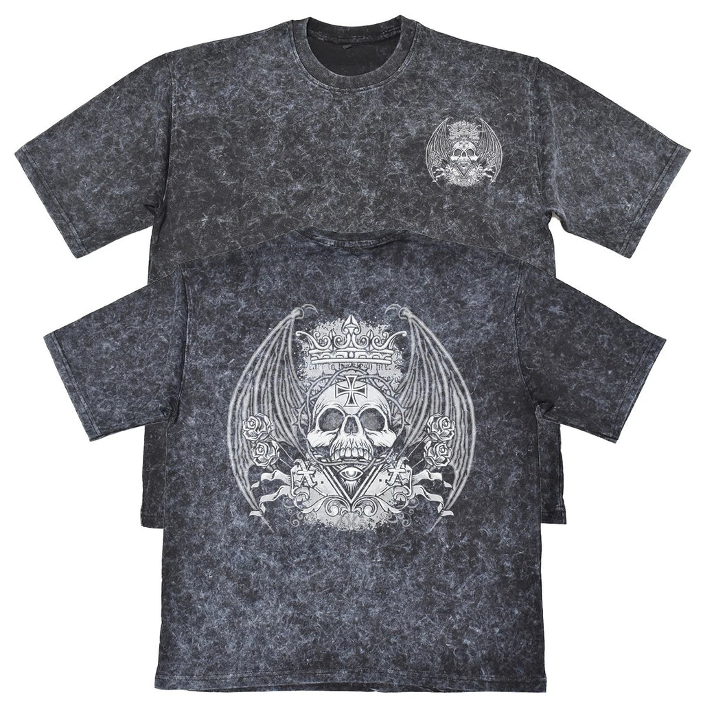 Skull Crown Wings Mens Carbon Grey Heavyweight 240gsm Vintage T-Shirt Biker Gift