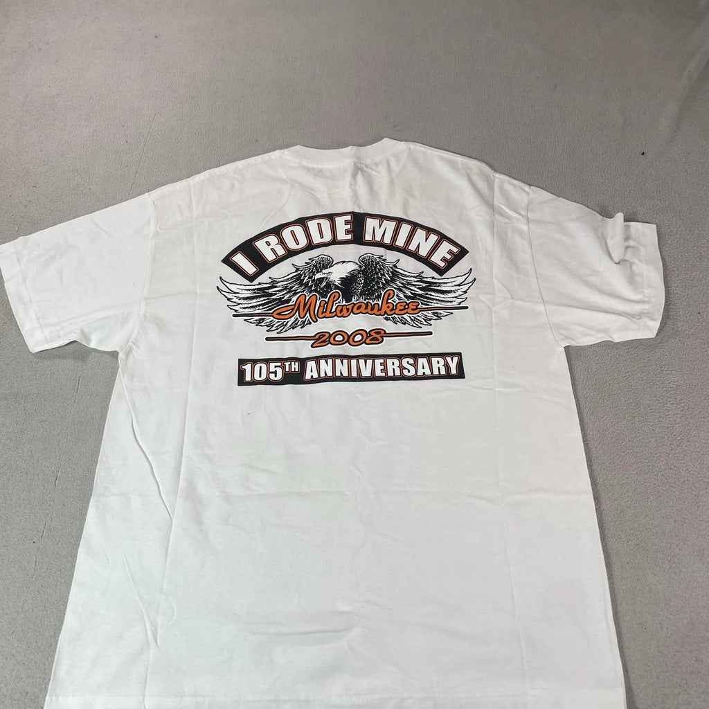 Y2K Biker Shirt Mens XL White I Rode Mine Milwaukee 2008 105th Anniversary Tee