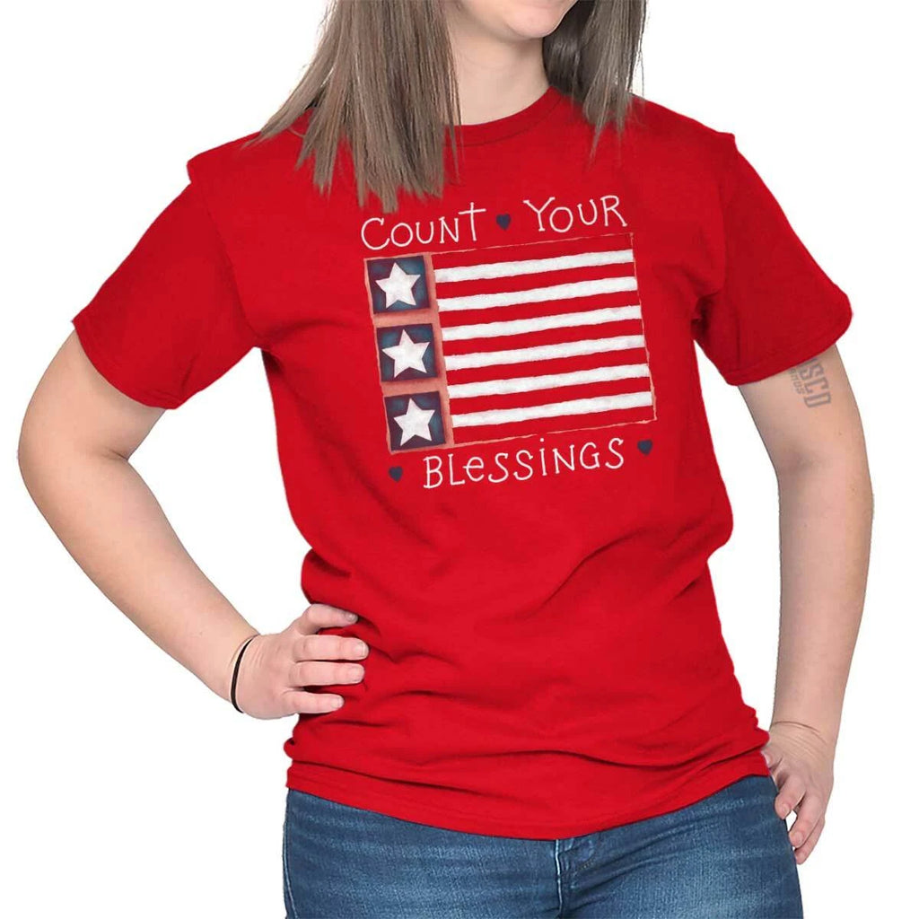 Patriotic Count Your Blessing American Flag Womens Graphic Crewneck T Shirt Tee