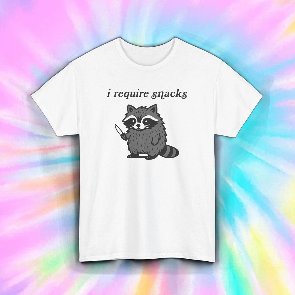 I Require Snacks Shirt Funny Cute Raccoon Knife Meme Sarcastic Humor Tee S-5XL