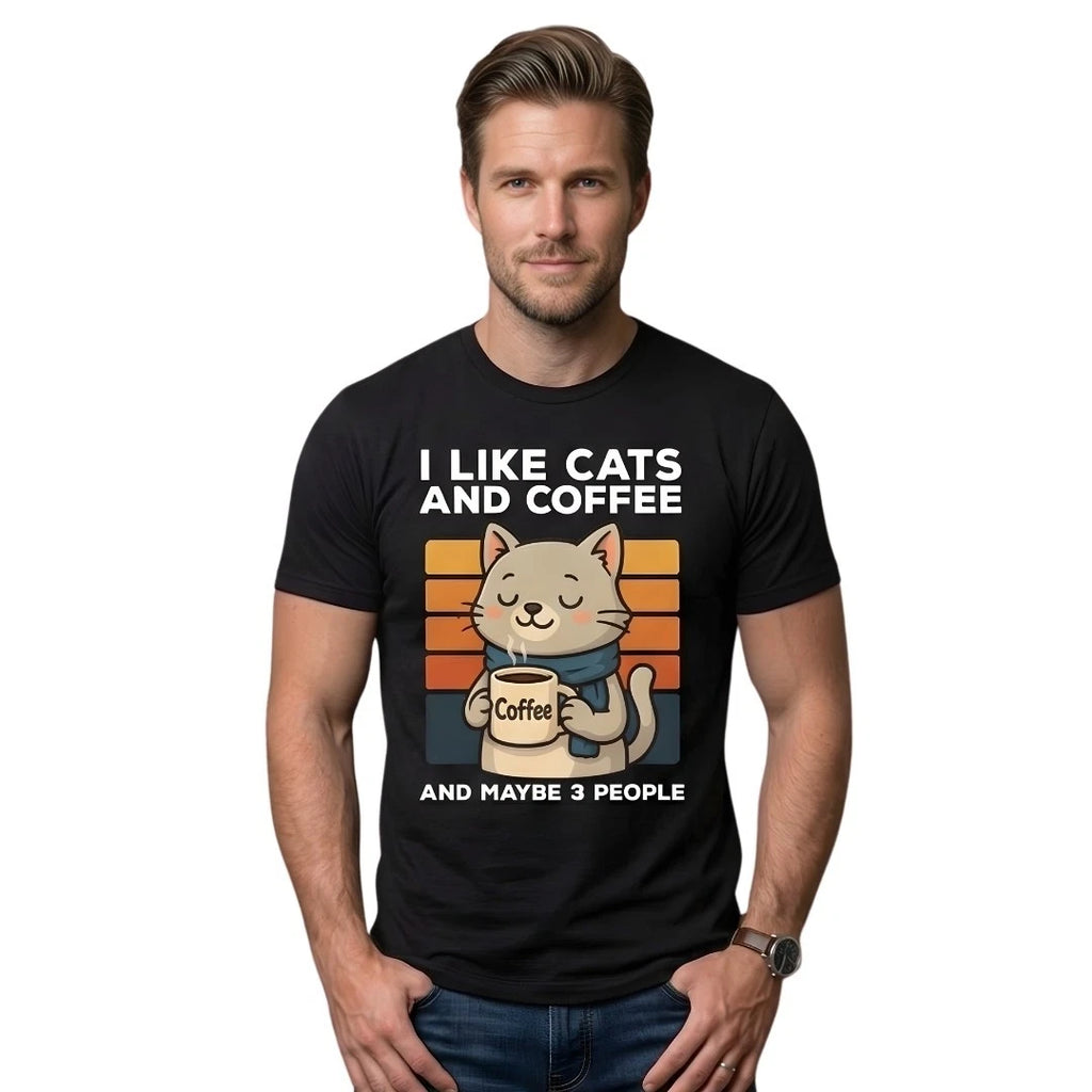 Men's Funny Cat and Coffee T-Shirt Sarcastic Introvert Slogan Tee Retro Graphic