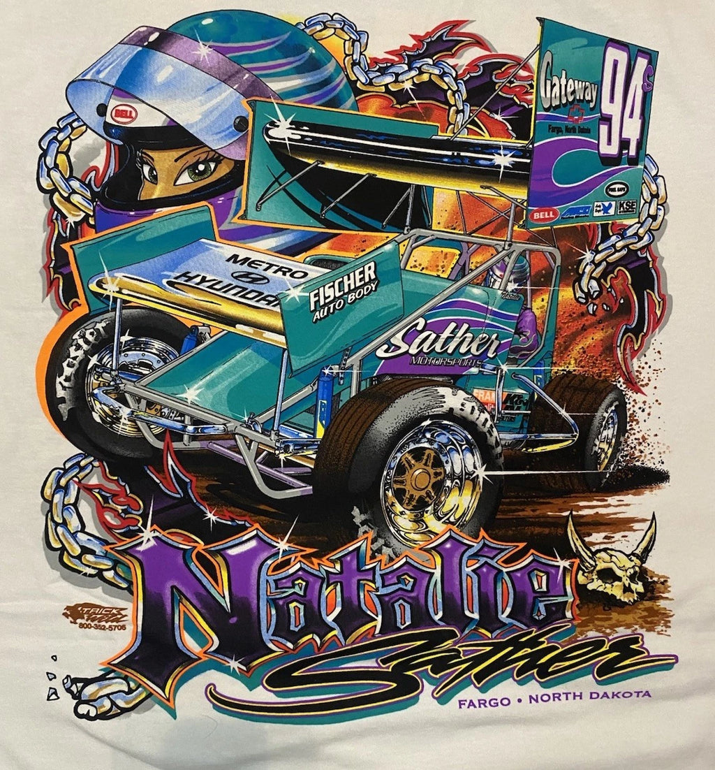 VTG   Y2K Natalie Sather Racing T Shirt 2XL Double Sided Bright Graphic Fargo ND