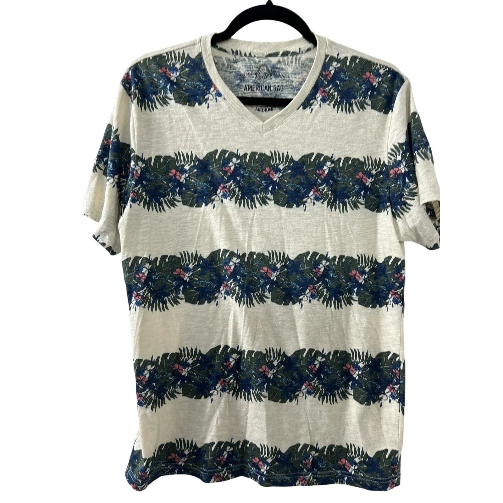 American Rag Tropical Floral V-Neck TShirt M Cream Striped Slub Beachy Boho Surf