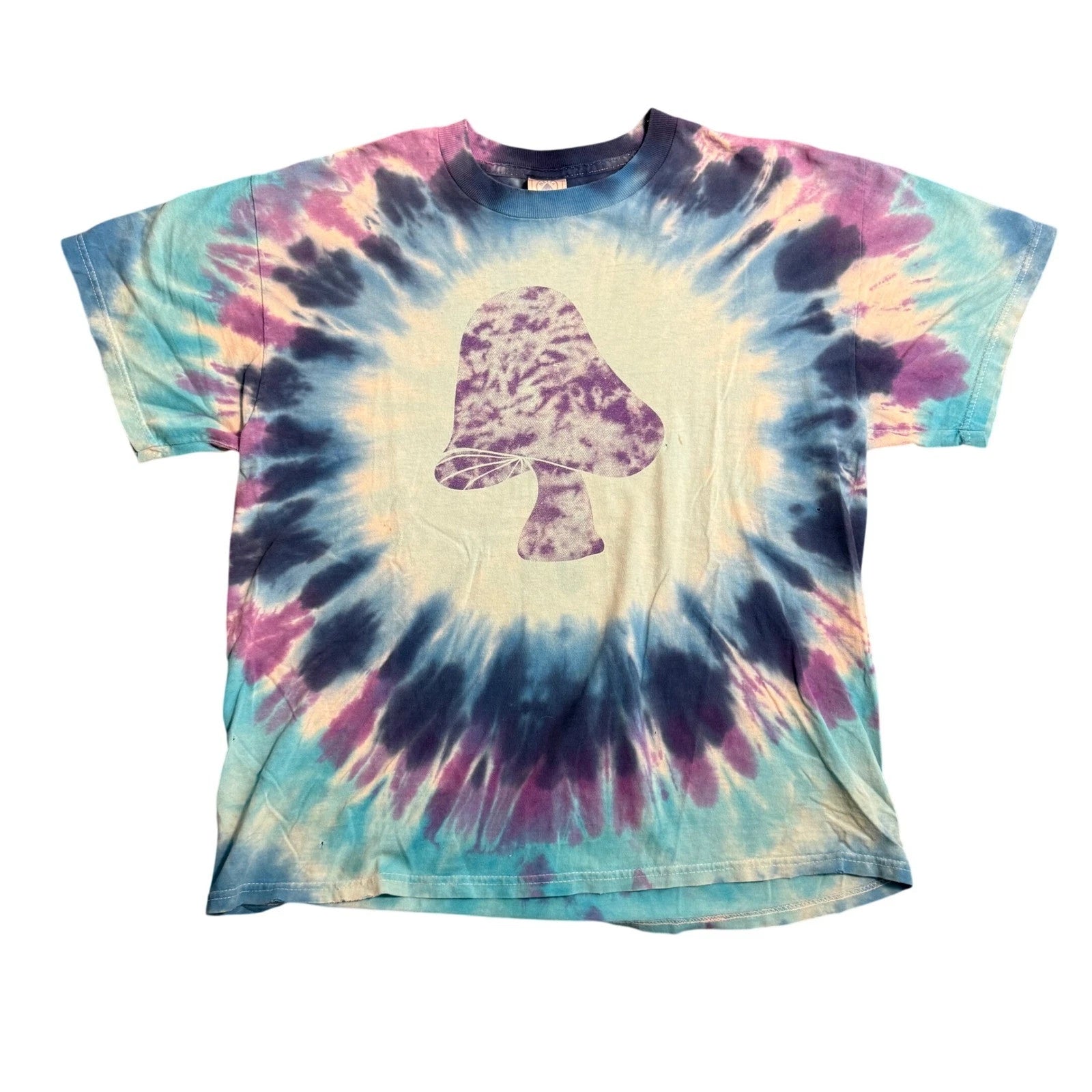 Vintage 90s Mushroom Graphic Tie Dye T-Shirt Blue Purple Psychedelic Size L