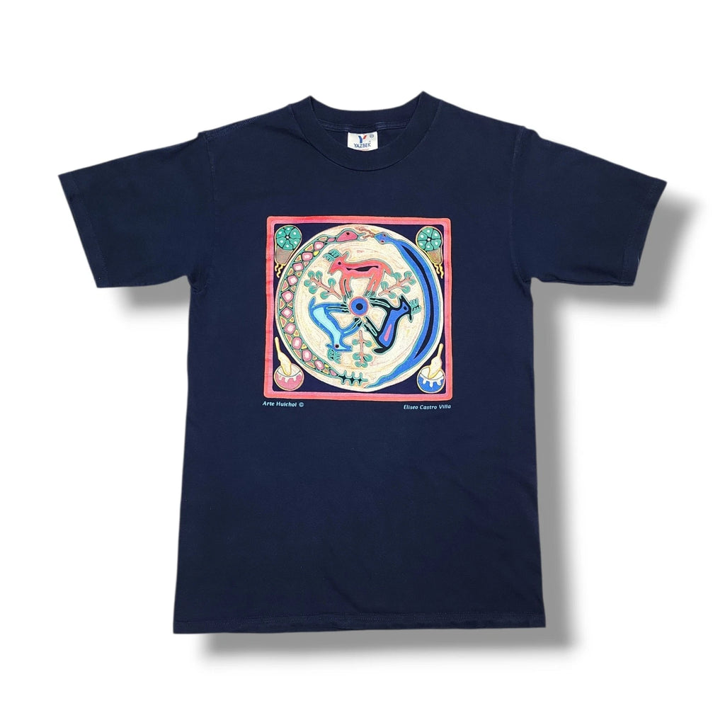 Vintage Arte Huichol Eliseo Castro Villa Mexican Folk Art Navy T-Shirt Men's M