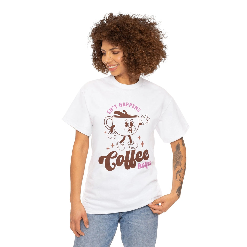 Sh** Happens Coffee Helps/ Retro/ Coffee shirt/ Unisex Heavy Cotton Tee