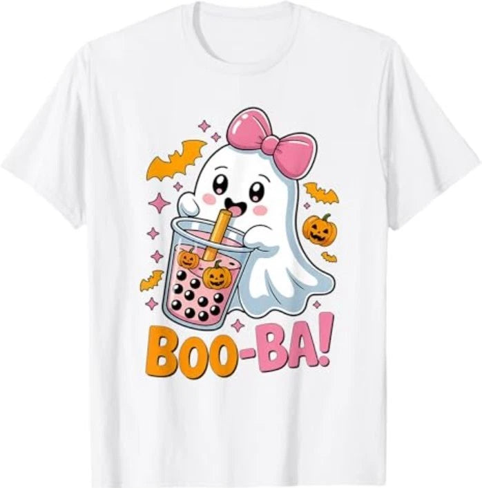 Kawaii Boba Cute Boo Ghost Halloween Girl Women Coquette Bow T-Shirt