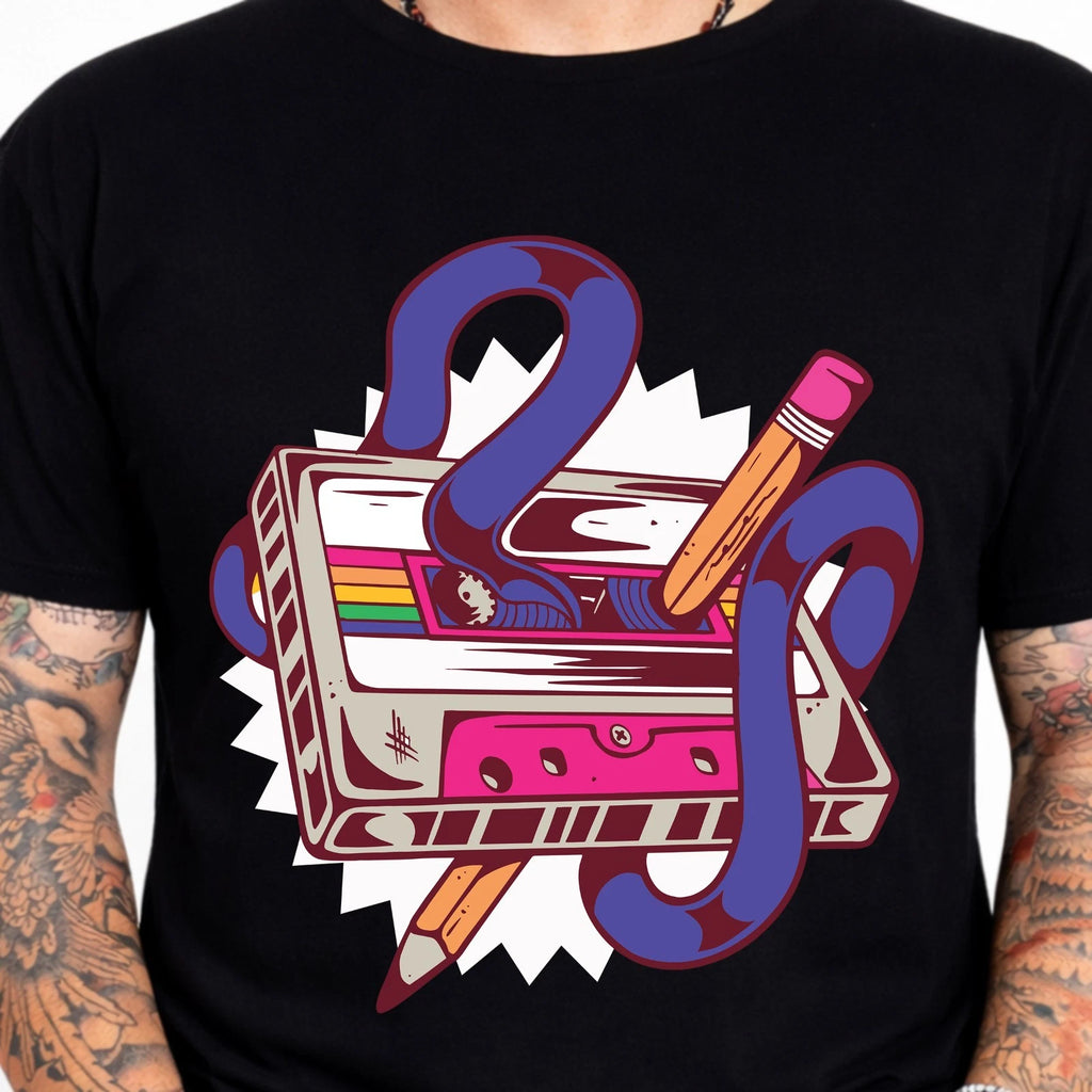 Retro Cassette Tape Pencil Graphic Tee Vintage Music 80s Pop Art T-Shirt.
