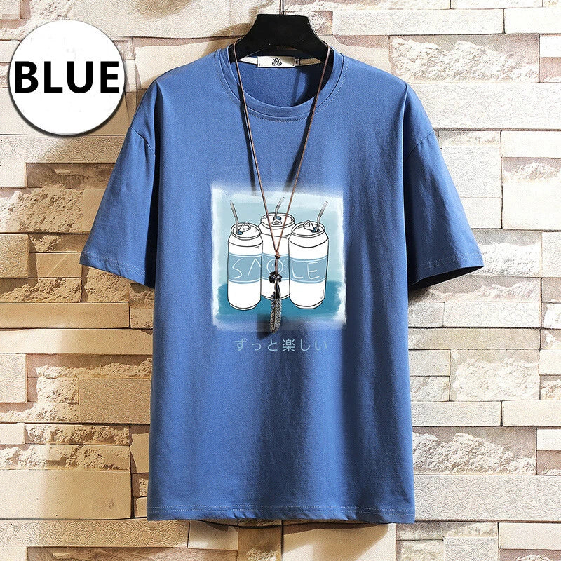 Men Japanese Cartoon Printed T-shirt Loose Tee Breathable Plus Size Summer