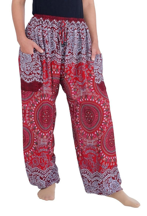 's Boho Drawstring Smocked Waist Rayon Harem Yoga Pants (S, Burgundy)