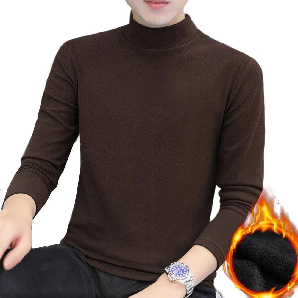Mens Underwear Thermal Long Sleeve Fleece Thick Half High Neck Solid Color T-Shirt
