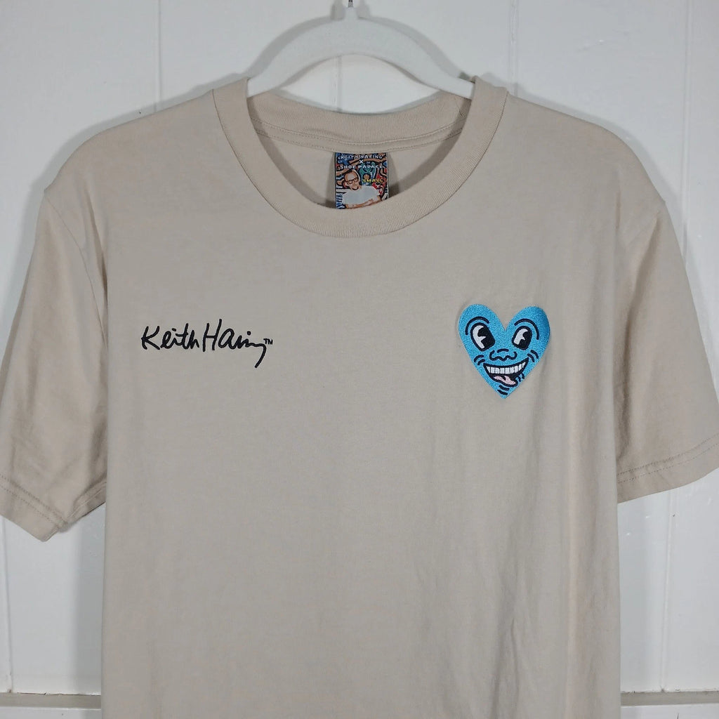 Keith Haring Shoe Palace T-Shirt Mens Small Tan Blue Heart Pop Art Graphic Tee