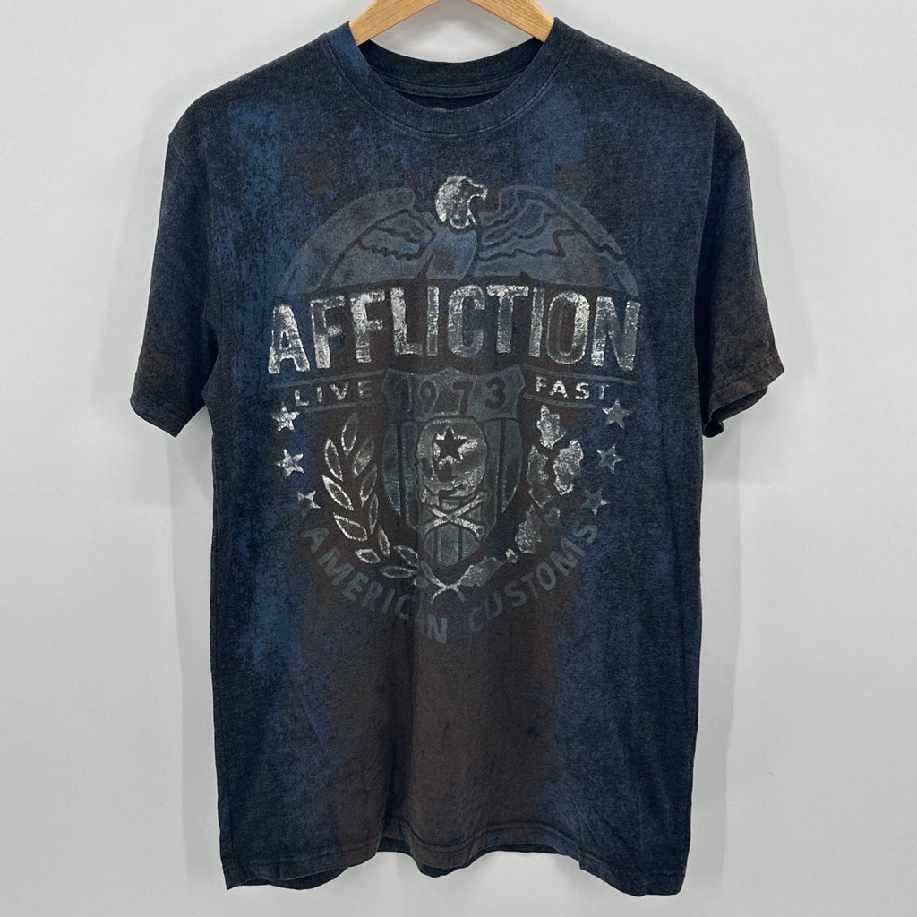Affliction Shirt Mens Large Short Sleeve T Skull Biker Goth Y2K Emo Patch MC L