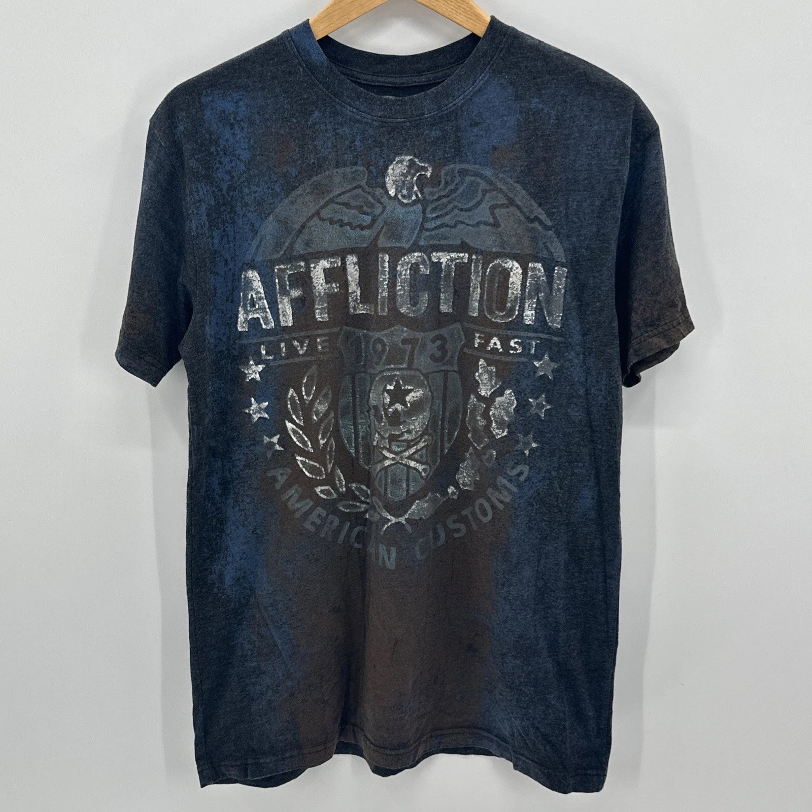 Affliction Shirt Mens Large Short Sleeve T Skull Biker Goth Y2K Emo Patch MC L