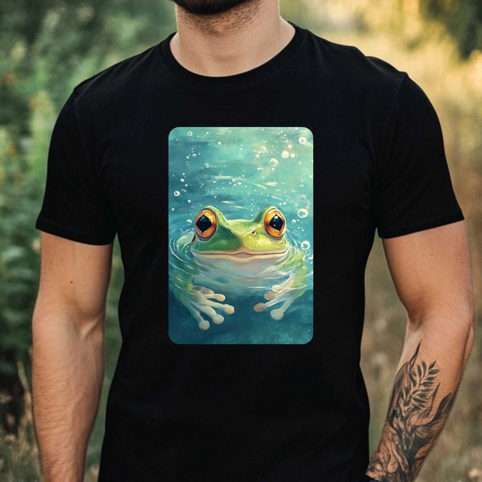 Mens Frog Swimming In Ocean Motif Cotton T-Shirt Size XS to 5XL