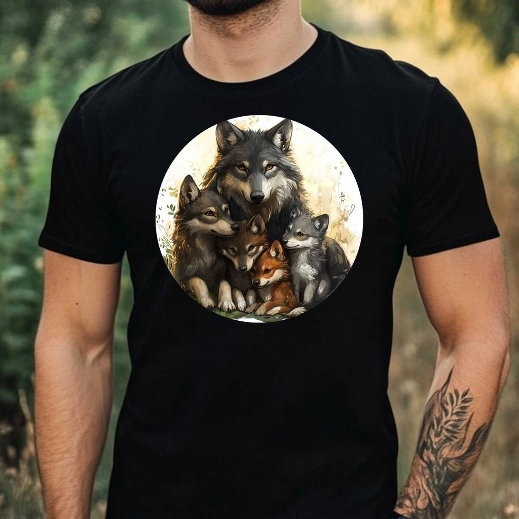 Mens Wolf Family Motif Cotton T-Shirt Size XS to 5XL