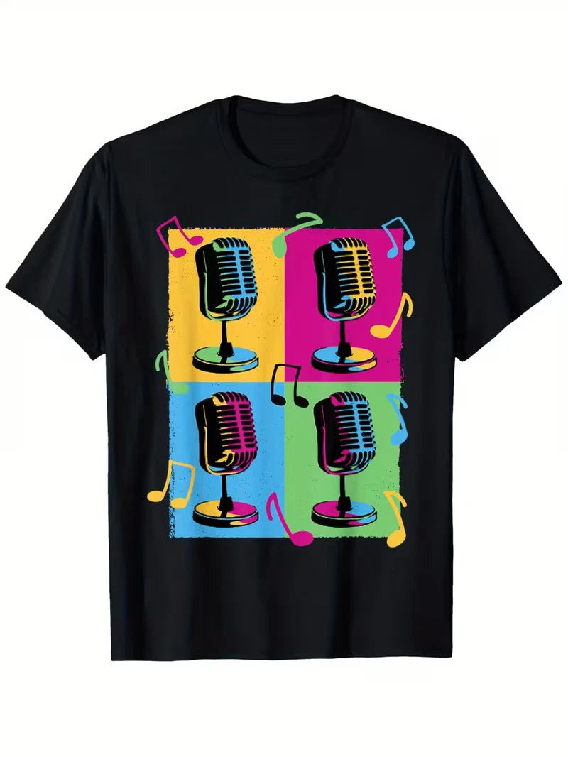 Men's Retro Pop Art Microphone Graphic T-Shirt - 100% Cotton, 180g Fabric Weight