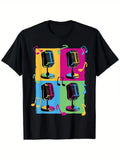 Men's Retro Pop Art Microphone Graphic T-Shirt - 100% Cotton, 180g Fabric Weight