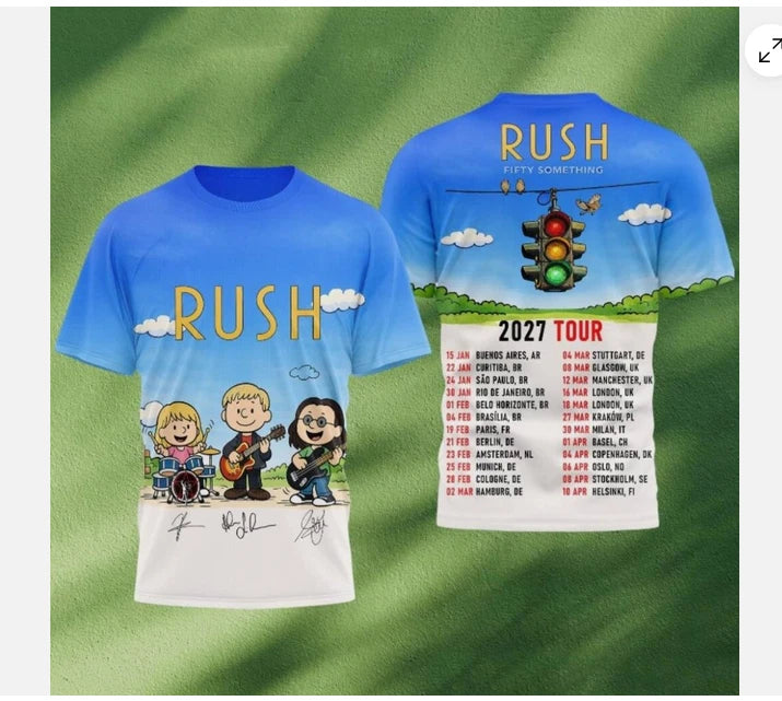 Rush cartoon Fifty Something 2027 Tour 3D T-shirt polyester