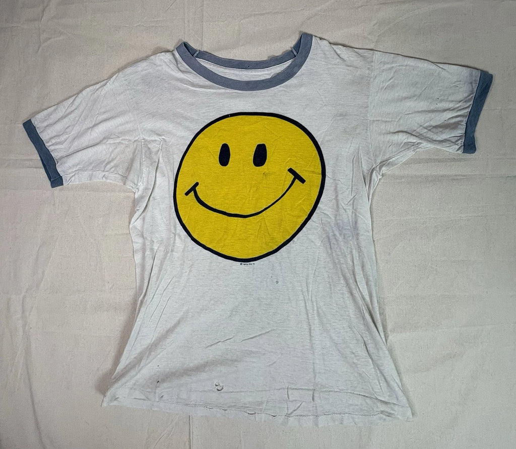Vtg 1979s Pop Art Smiley Face Ringer T Shirt Rare Small Distressed Hippy B25