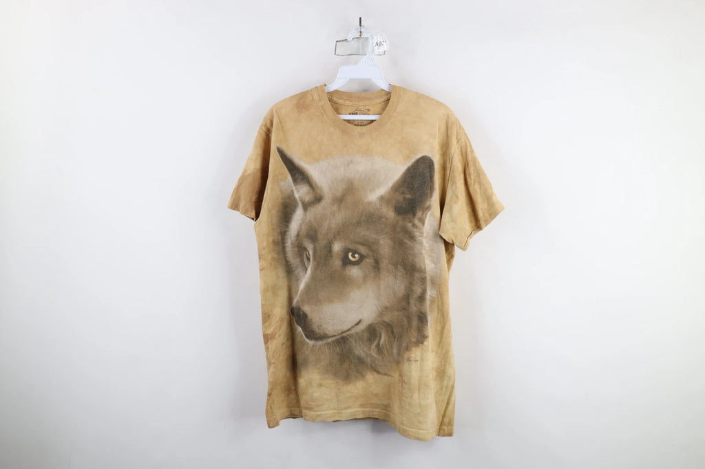 Vtg Y2K Streetwear Mens Medium Faded Acid Wash Wolf All Over Print T-Shirt USA