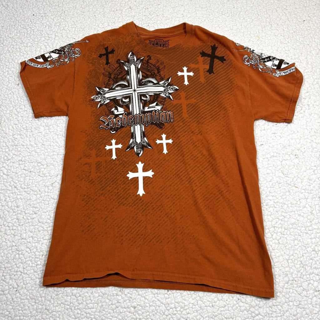 Vtg MMA Elite Redemption Cross Mens Muscle T Shirt size M Orange Y2K Grunge