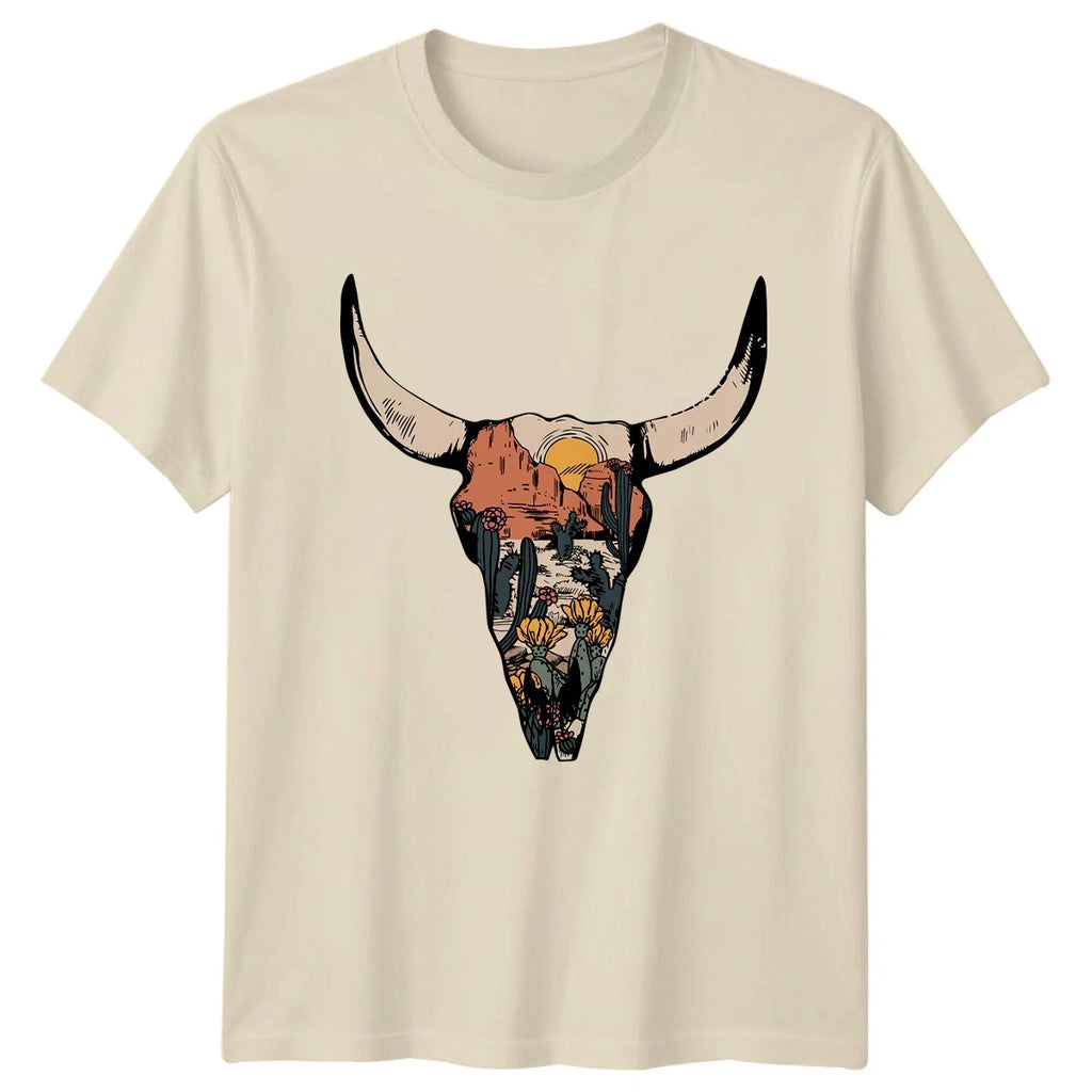 Boho Cow Skull Desert Cactus Flower Womens T-Shirt Southwest Western