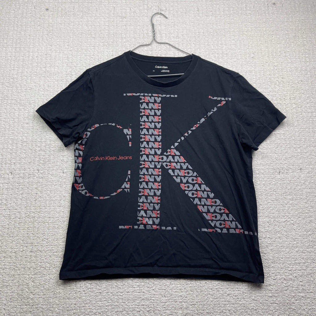 Y2K Calvin Klein T-Shirt Mens L Black Abstract CK Logo Graphic Grey / Red