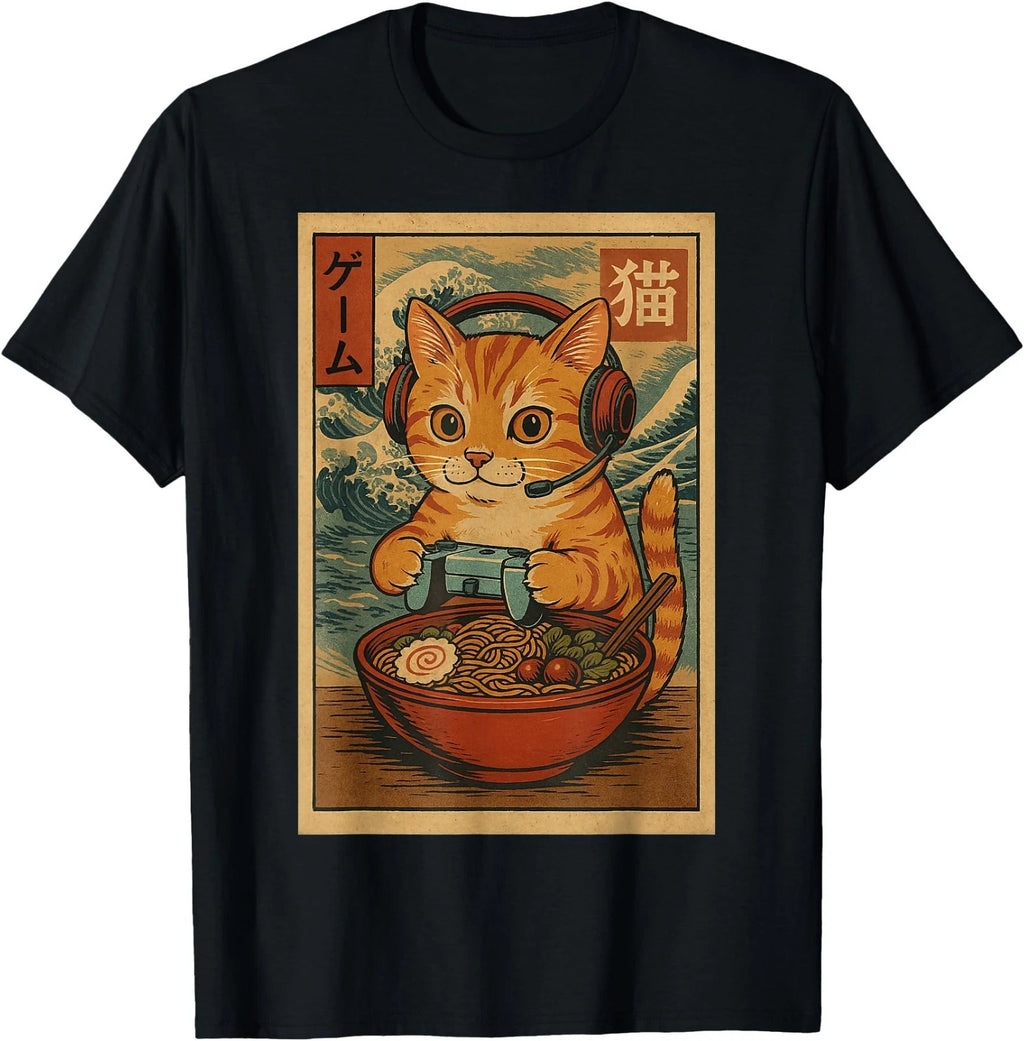 Kawaii Anime Gamer Cat Ramen Retro Japanese Gaming Funny T-Shirt