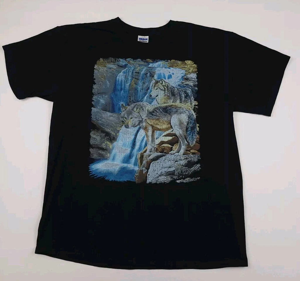 Vintage Y2k Wolves Waterfall Nature Print T Shirt Vtg Wildlife Outdoor Wolf Art