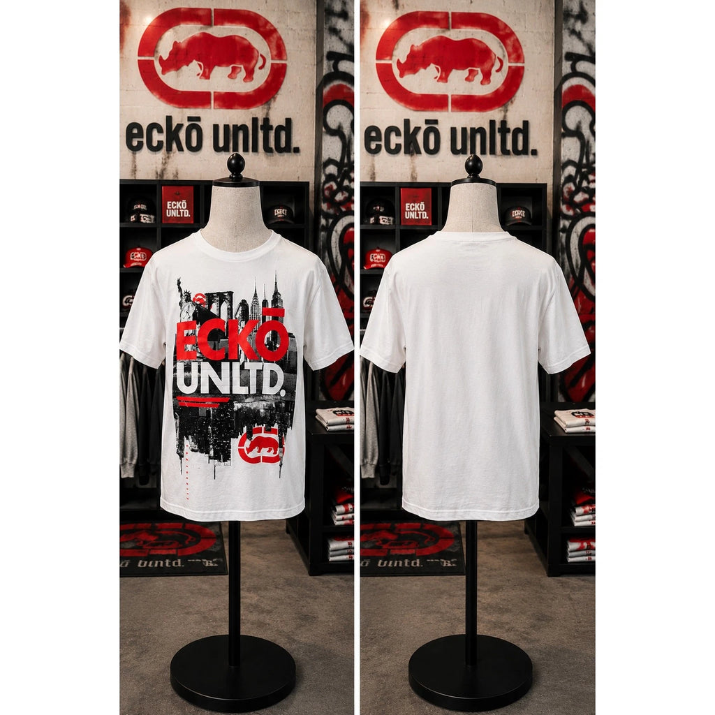 Y2K Ecko Unltd Rhino Graphic T Shirt White Streetwear Medium