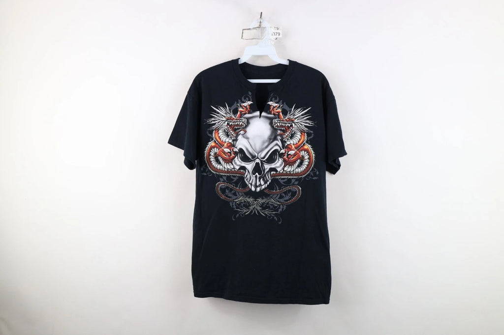 Vintage 90s Y2K Streetwear Mens Medium Custom Cut Dragon Skull Tribal T-Shirt