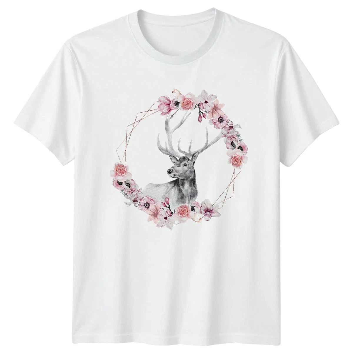 Boho Watercolor Stag Floral Wreath Womens T-Shirt Deer Nature Gift For Her