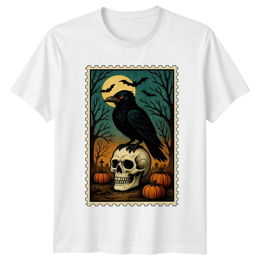 Raven Skull Halloween Holiday Mens T-Shirt Womens Graphic Tee Spooky Design
