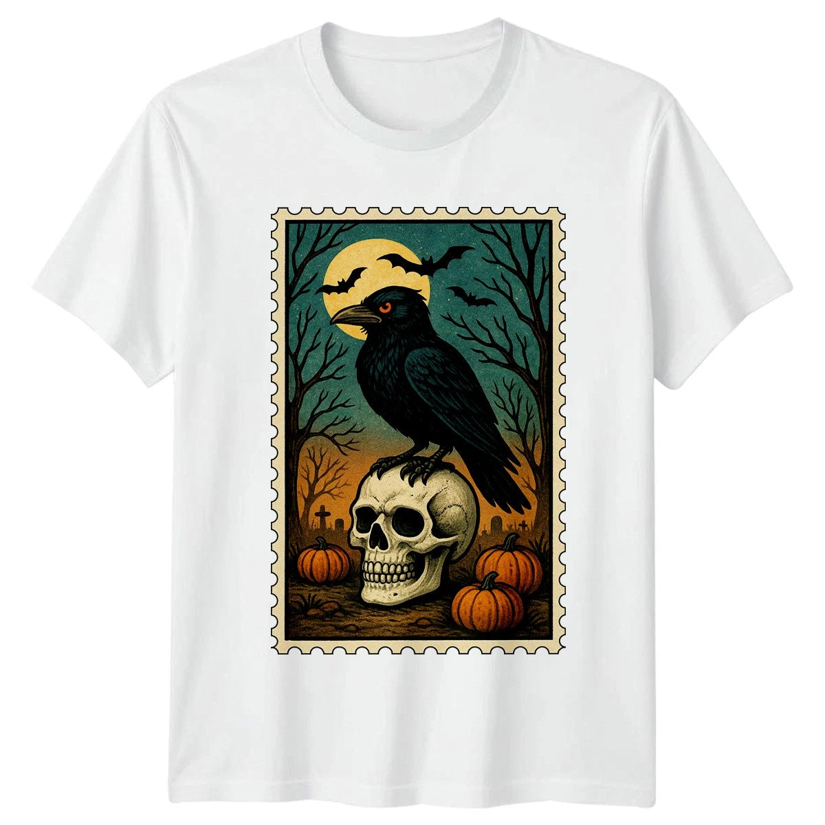 Raven Skull Halloween Holiday Mens T-Shirt Womens Graphic Tee Spooky Design