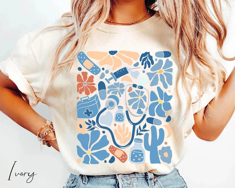 Boho Groovy Nurse Floral Vintage Comfort Tee