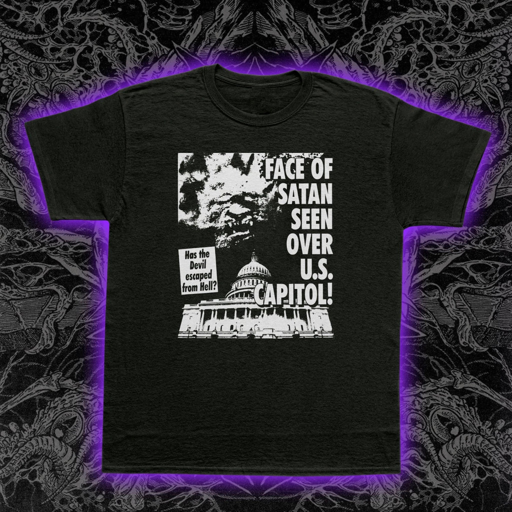 Face of Satan seen over US Capitol T-Shirt Tabloid Political Satire Conspiracy