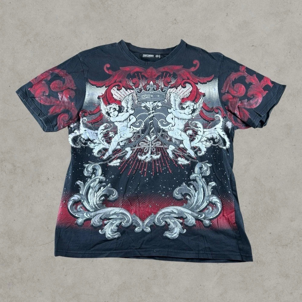 Contender Shirt Men 2XL Black Red Y2K Grunge Mallgoth Emo 2000s Cyber Grunge AOP